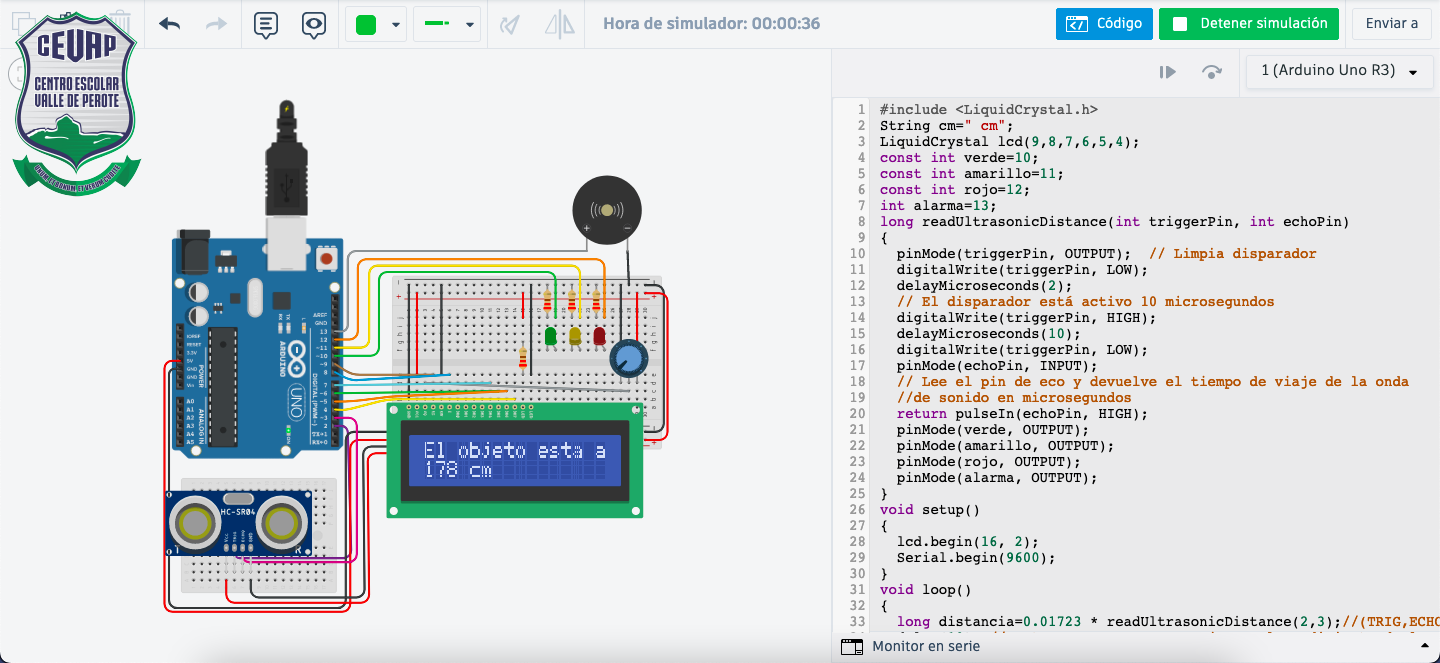 Sensor de reversa elaborado con arduino en Tinkercad por los alumnos del CEVaP